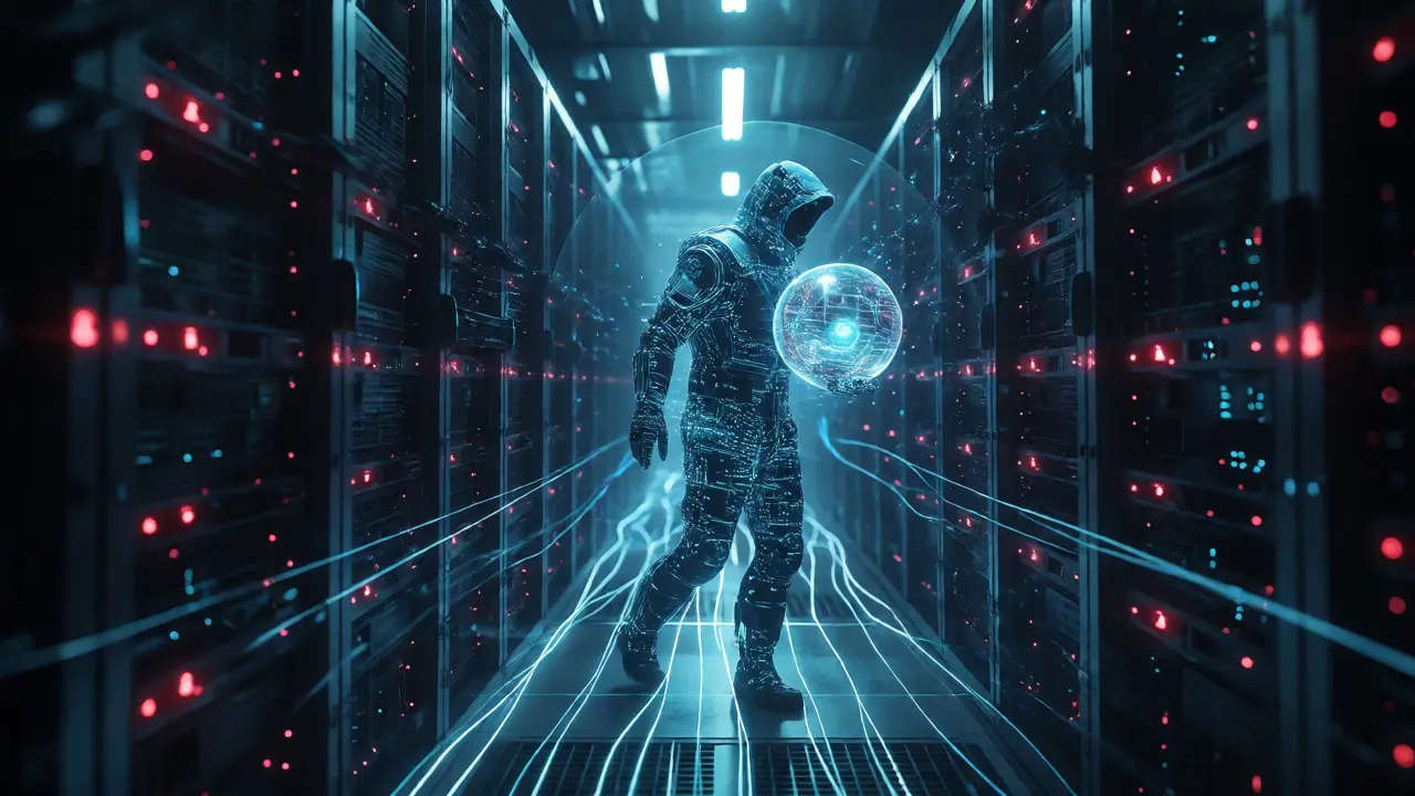 Figura digital protegida transportando datos por una red de servidores segura.
